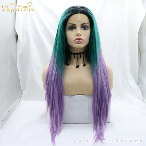 Vigorous green Ombre Long Straight Synthetic 3 Tone Color Lace Hair Front Wigs Dark Roots Middle Part For Black Women